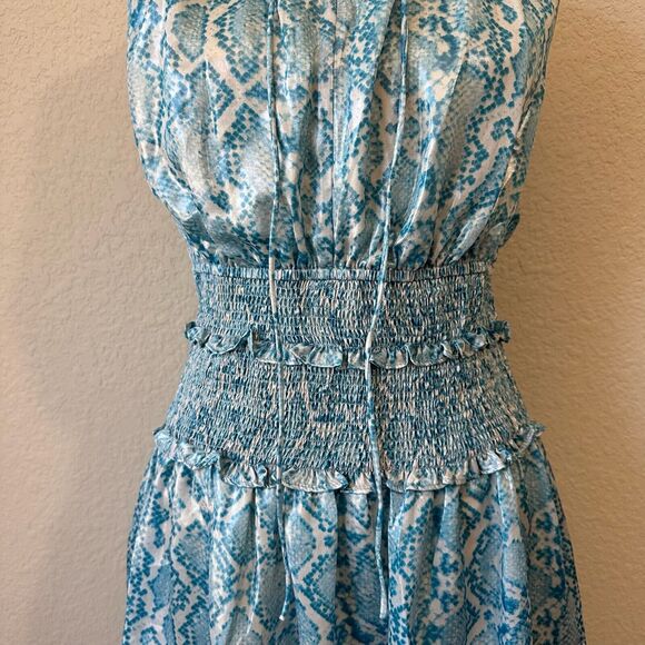 NWT ANTHROPOLOGIE CURRENT AIR Blue Snake Python Print Smocked Waist Dress - Picture 3 of 11